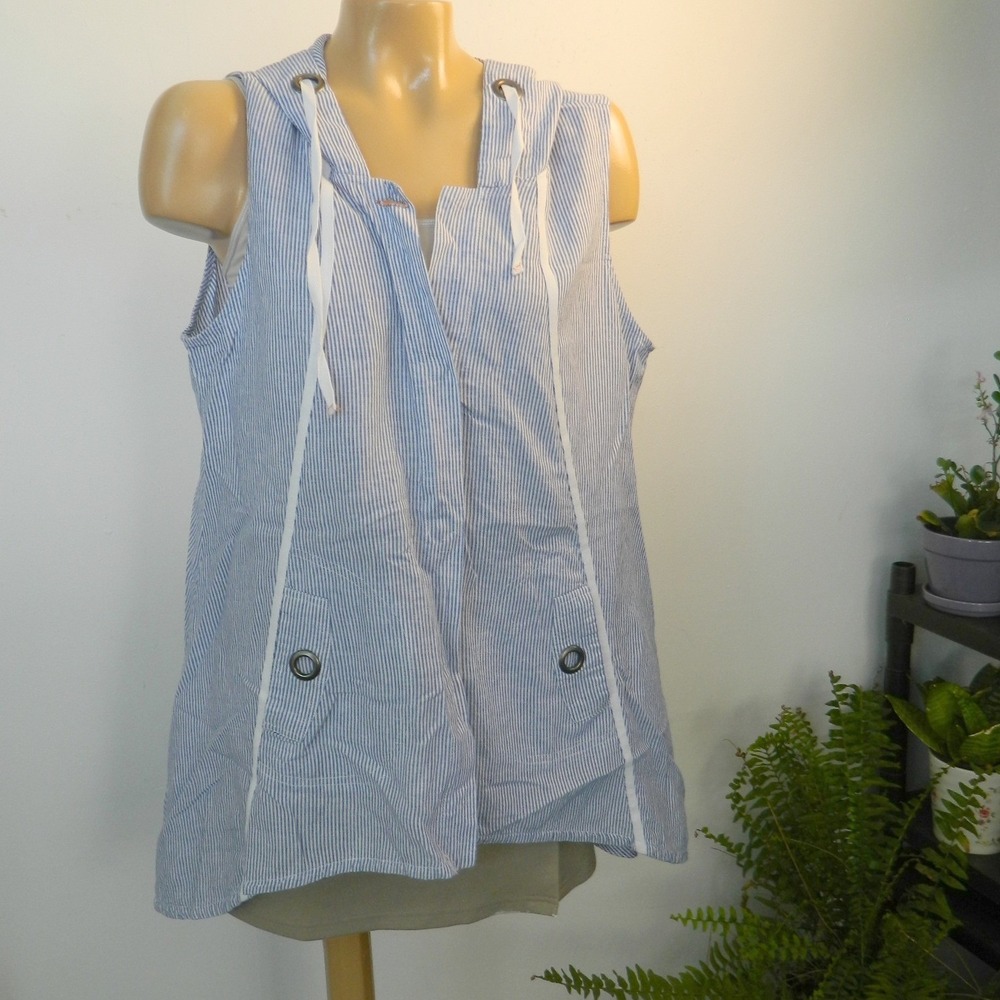 For Cynthia Linen Blend Striped Hooded Tunic Women Medium Blue White Snap Front